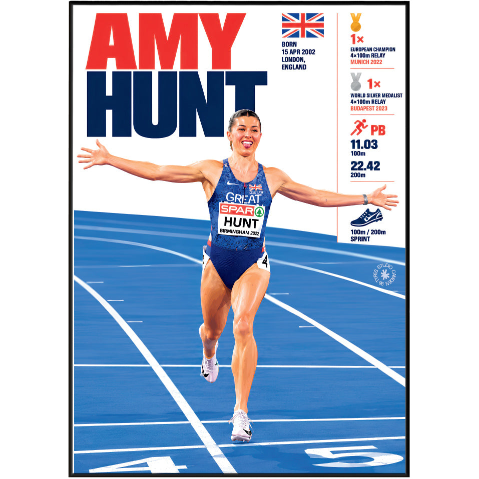 A framed poster celebrating athlete Amy Hunt, showing her mid-stride on a blue athletics track with arms outstretched. Large text reads 'AMY HUNT' in red and navy, with race results and a Union Jack flag at the top.