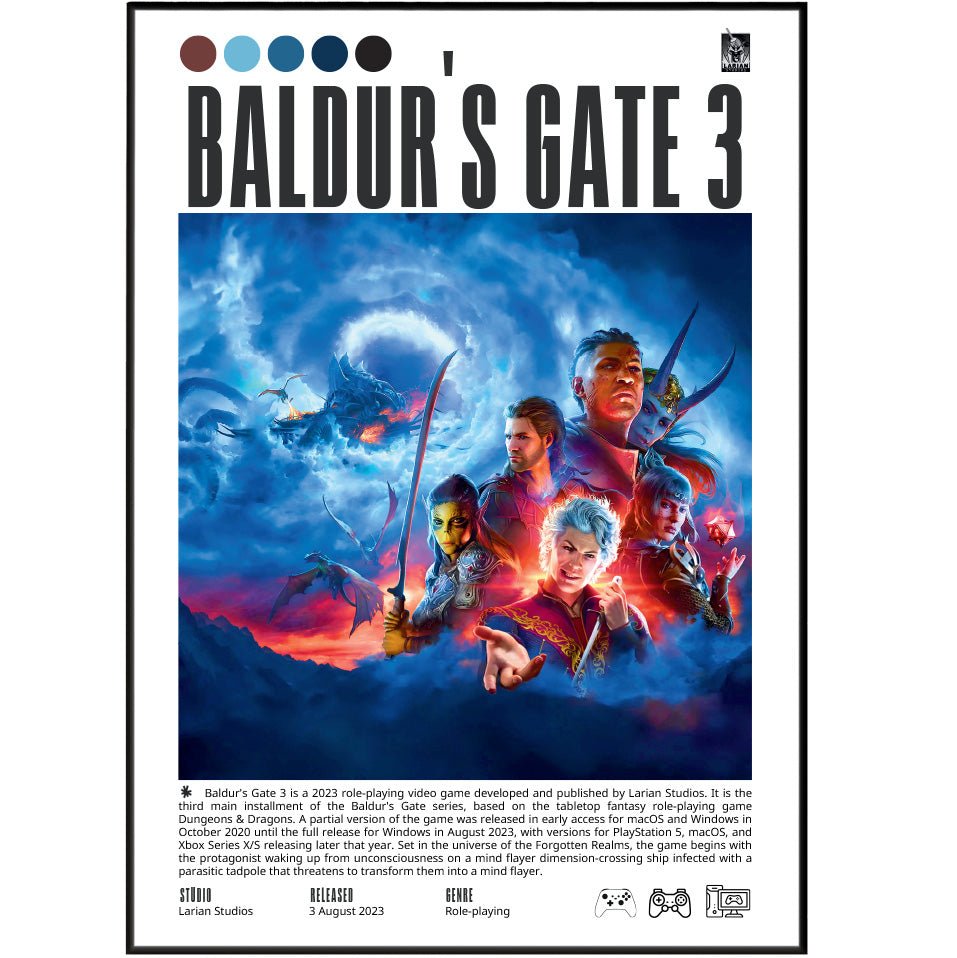 Baldur's Gate 3 2023 game poster — Larian Studios Dungeons Dragons RPG wall art print UK
- 98types