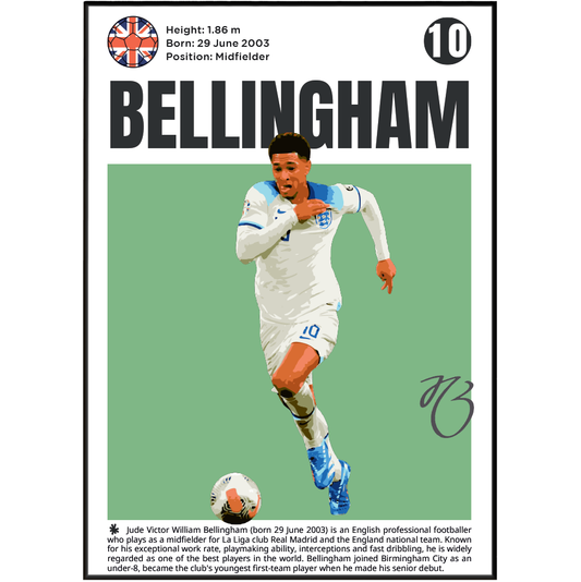 A vertically oriented poster or print featuring footballer Jude Bellingham. The design has a black border, a green background behind the player photo, and black text reading 'BELLINGHAM' with biographical details at the top and bottom.