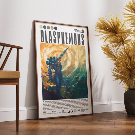 A framed art print titled 'BLASPHEOUS' leaning against a white wall on a wooden floor, styled in a room with a wooden chair on the left and a potted plant on the right.