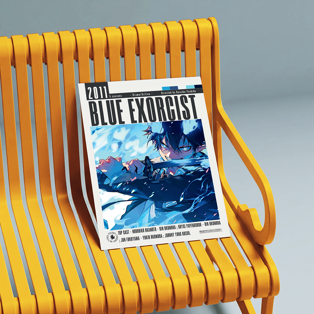 A copy of the 2017 comic book Blue Exorcist rests on a modern yellow slatted bench against a neutral gray background.