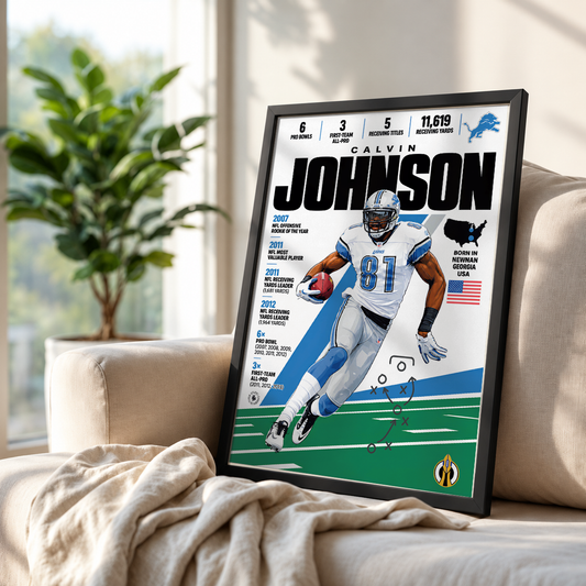 Calvin Johnson poster, Detroit Lions NFL wall art print in a boy's bedroom - 98types