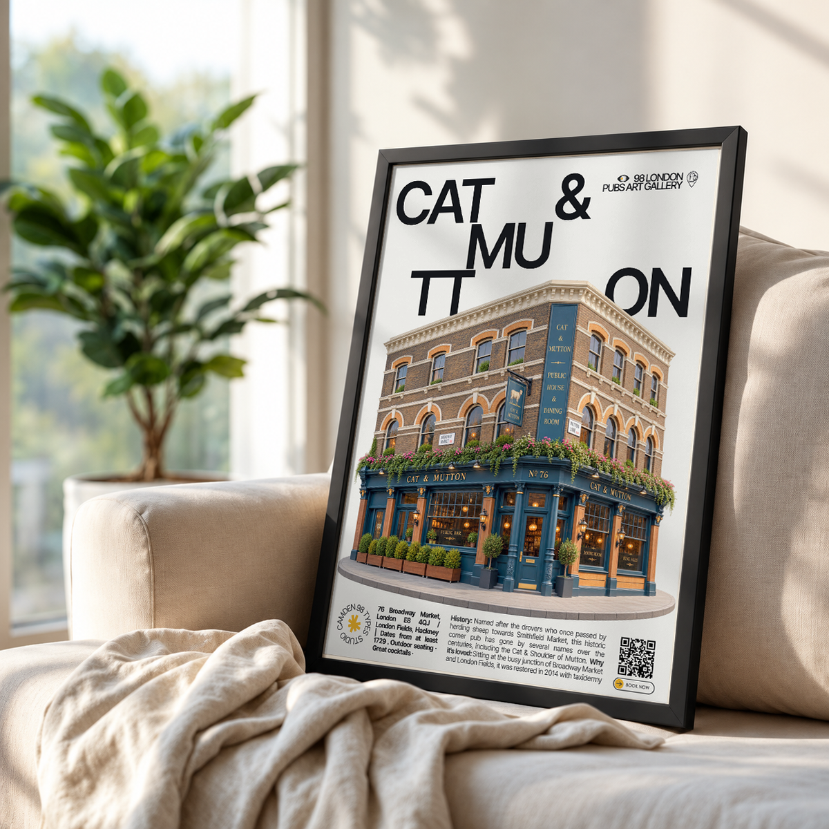 Cat & Mutton poster, Broadway Market, London: corner pub facade at a busy market junction - 98 London Pubs Art Gallery by 98 Types