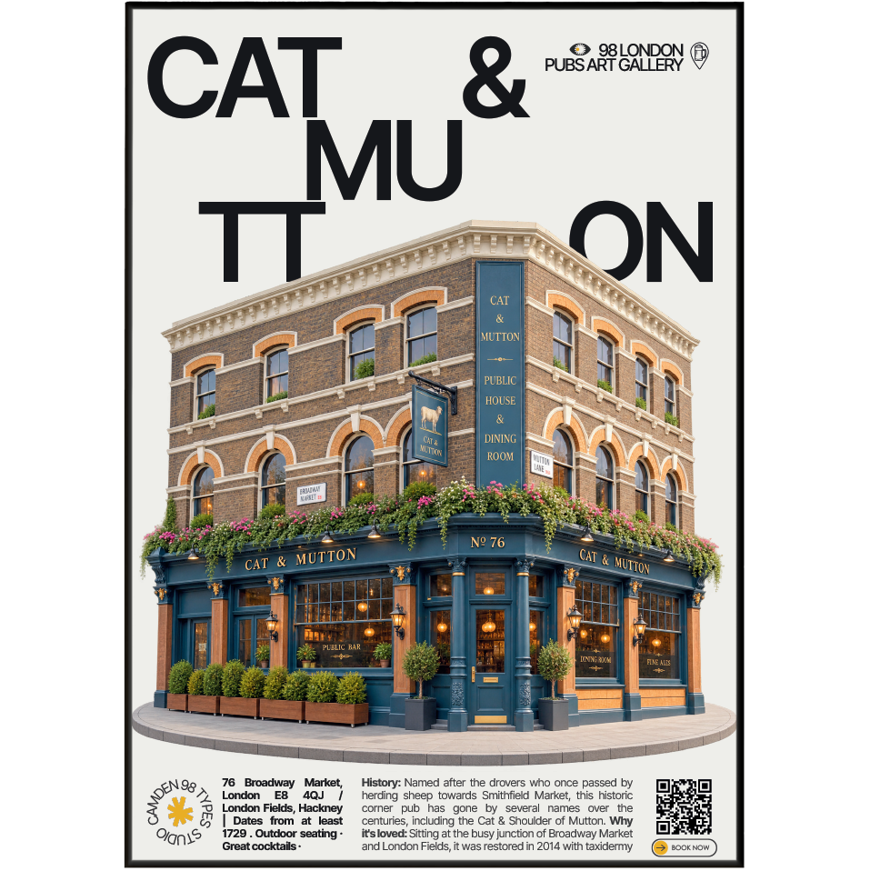 Cat & Mutton poster, Broadway Market, London: corner pub facade at a busy market junction - 98 London Pubs Art Gallery by 98 Types