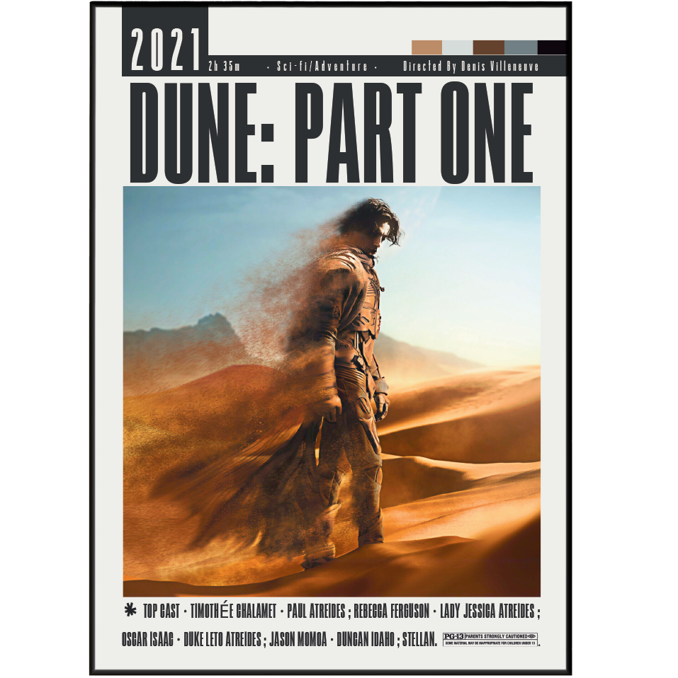 Dune Part One 2021 sci-fi film poster — Denis Villeneuve Paul Atreides Arrakis desert wall art print UK