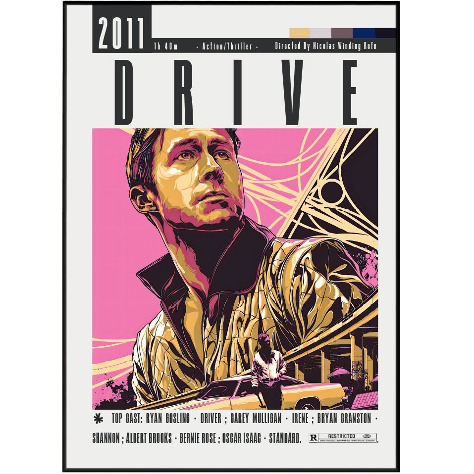 Movie poster for 'Drive' featuring a stylized image of a man and a car with a pink and black color scheme.