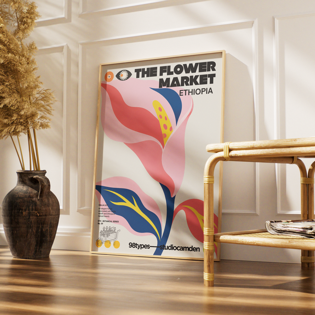 The Flower Market Ethiopia Calla Lily botanical poster print UK — graphic floral wall art 260gsm printed in England Camden Market 98types