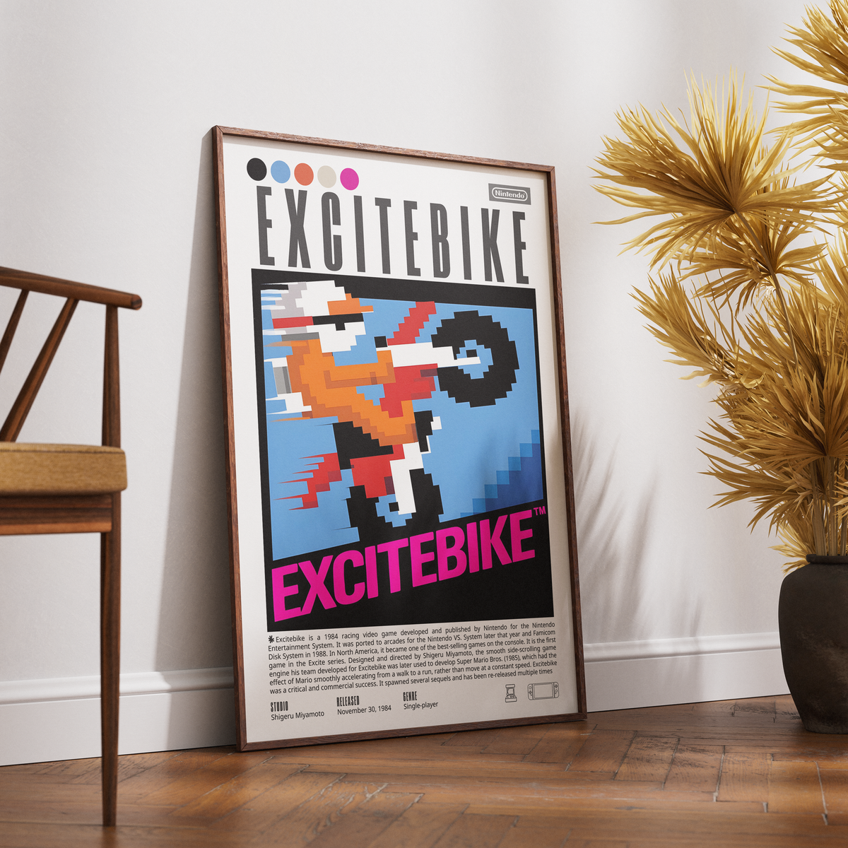 Excitebike 1984 retro game poster — Nintendo NES motocross racing wall art print UK