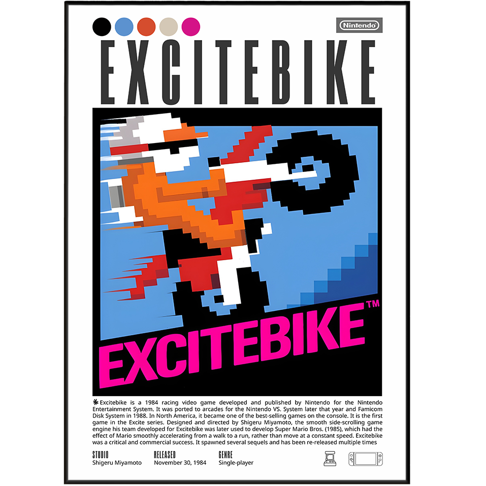 Excitebike 1984 retro game poster — Nintendo NES motocross racing wall art print UK