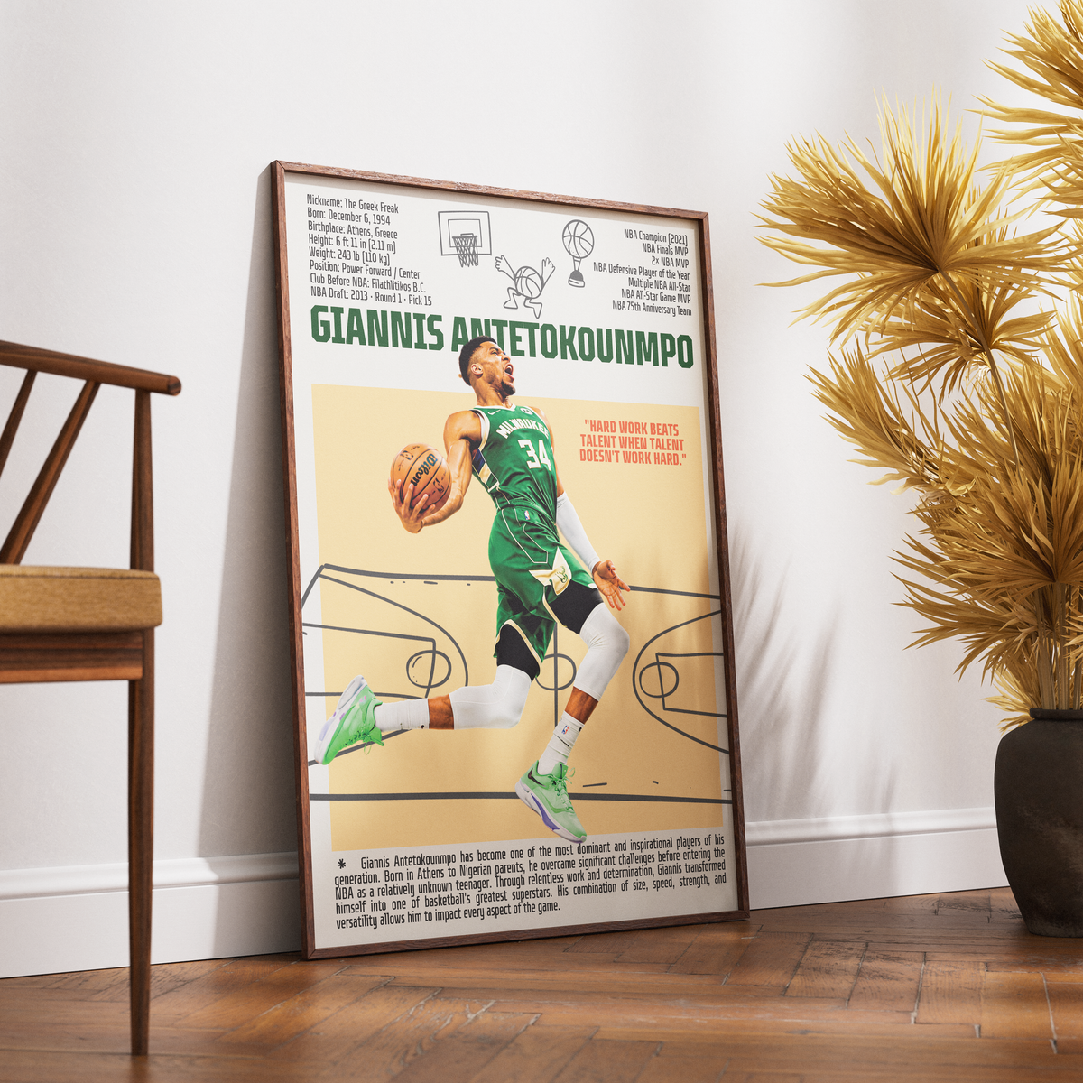Giannis Antetokounmpo Greek Freak basketball poster — Milwaukee Bucks 2021 champion wall art print UK