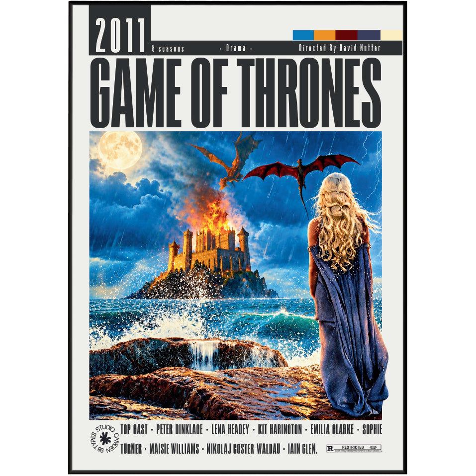 A Game of Thrones 2011 poster print featuring a dramatic illustration of a dragon flying over a burning castle on a rocky island, with a woman in a blue cloak standing on the shore in the foreground. The title 'GAME OF THRONES' is printed prominently at the top, with the year '2011' and production credits at the bottom.
