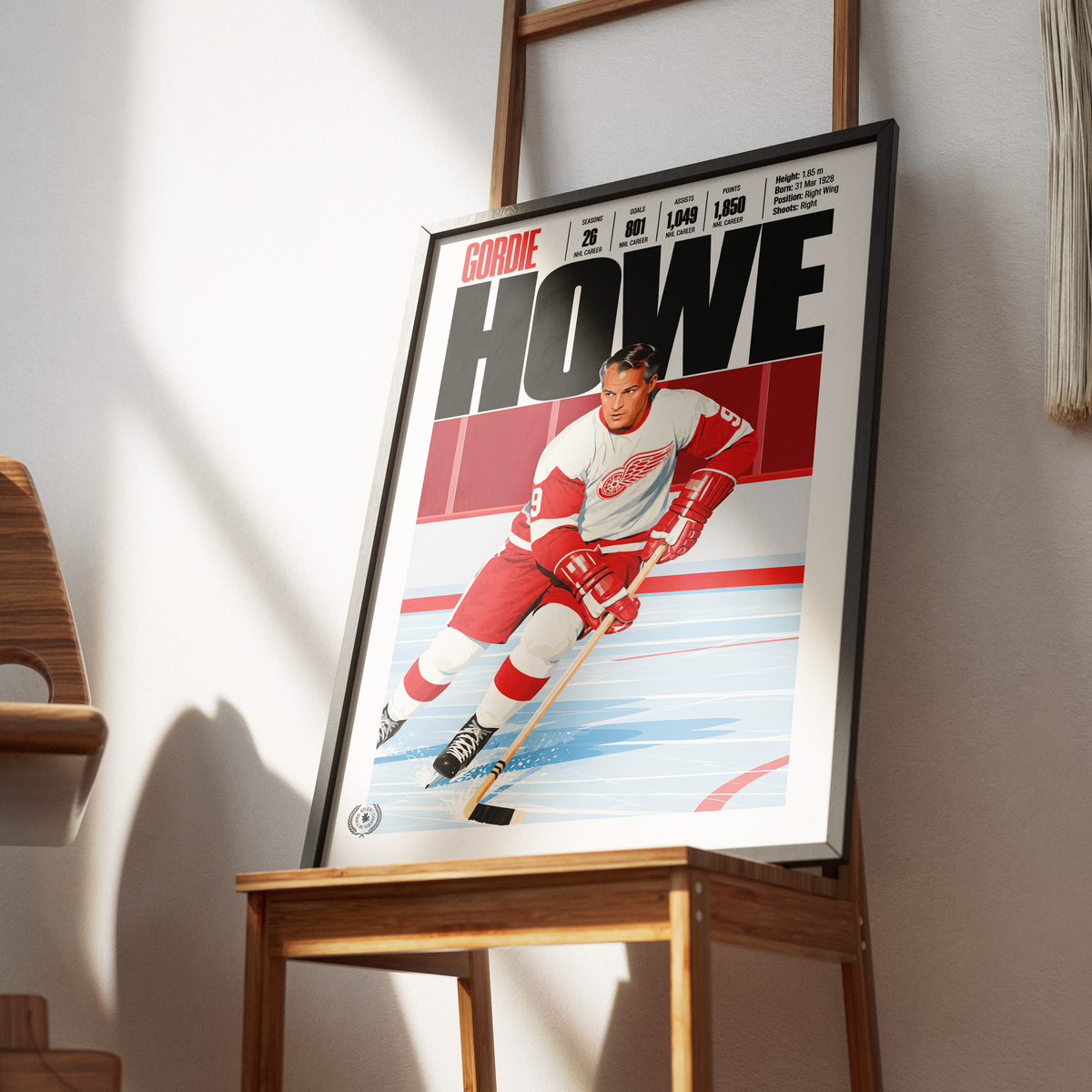 Gordie Howe poster, Detroit Red Wings NHL ice hockey wall art print in a sports bar - 98types