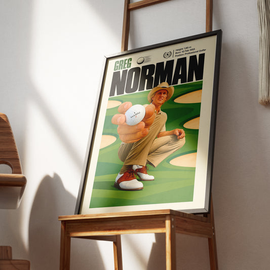 Greg Norman poster, Australian golf wall art print in a living room - 98types