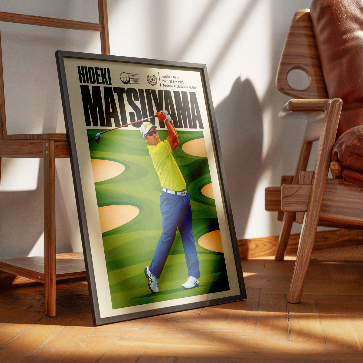 Hideki Matsuyama poster, Japanese golf wall art print in a home office - 98types