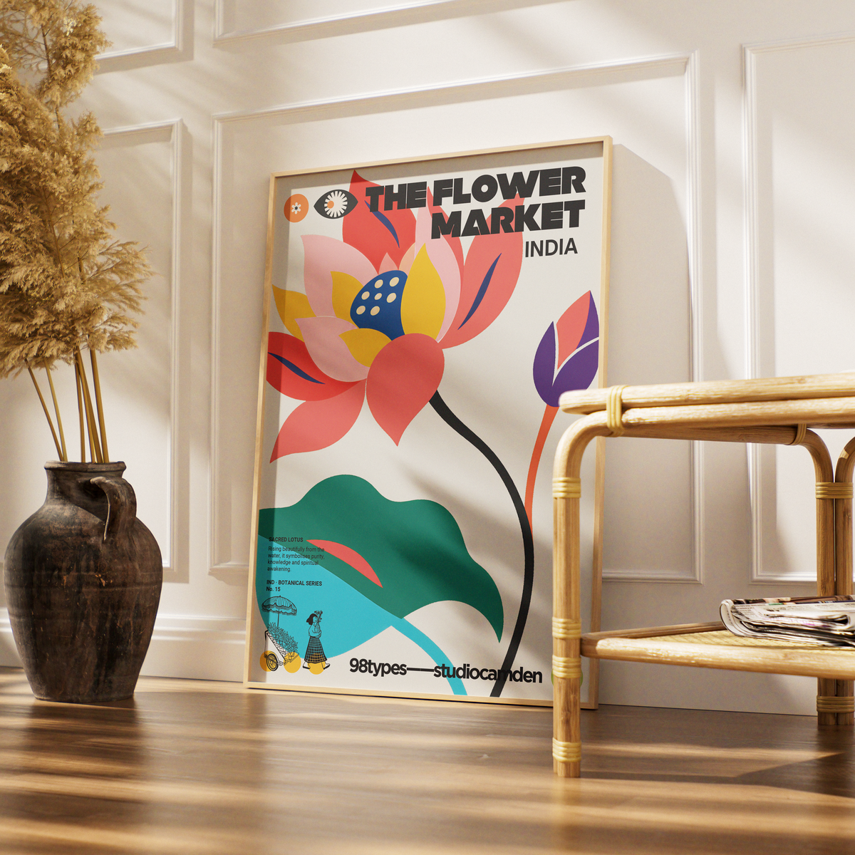 The Flower Market India Sacred Lotus botanical poster print UK — national flower ancient symbol graphic wall art 260gsm printed in England Camden Market