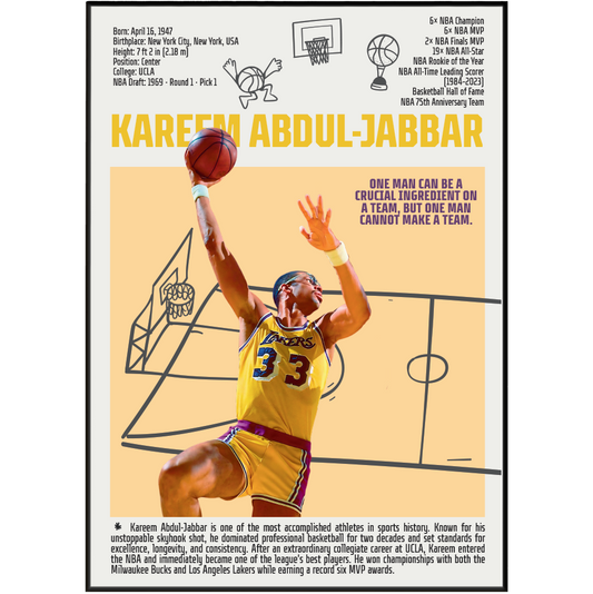 Kareem Abdul-Jabbar basketball poster — skyhook Lakers all-time scoring leader minimalist wall art print UK