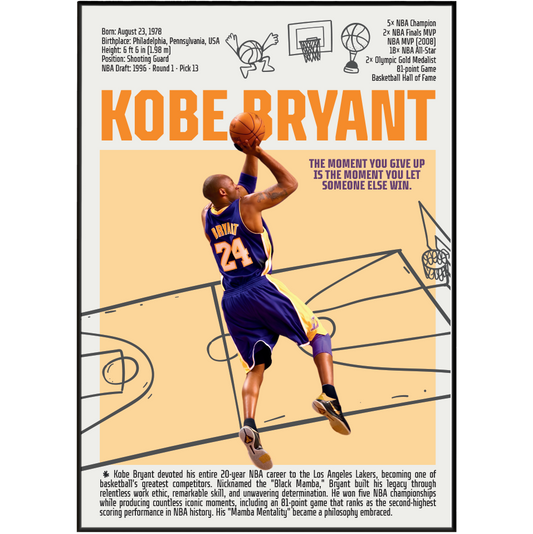 Kobe Bryant Black Mamba basketball poster — LA Lakers 5x champion Mamba Mentality minimalist wall art print UK