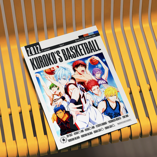 A printed poster or magazine-style cover featuring anime characters from Kuroo's Basketball, placed on a yellow slatted bench. The cover includes large title text and a collage of illustrated basketball players.