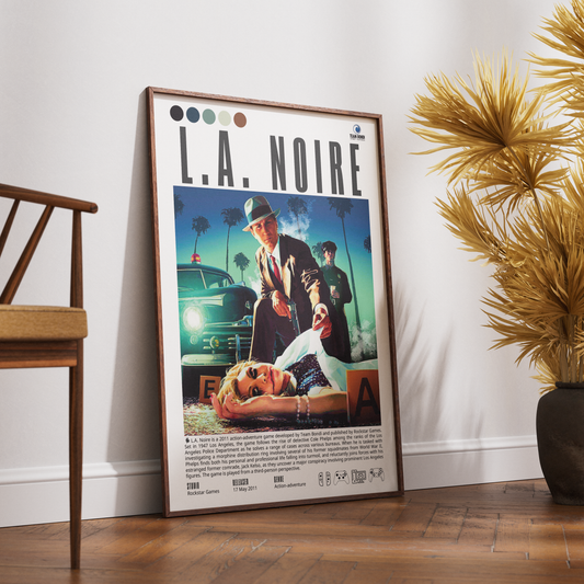 L.A. Noire 2011 detective adventure poster — Cole Phelps 1947 Los Angeles detective noir wall art print UK