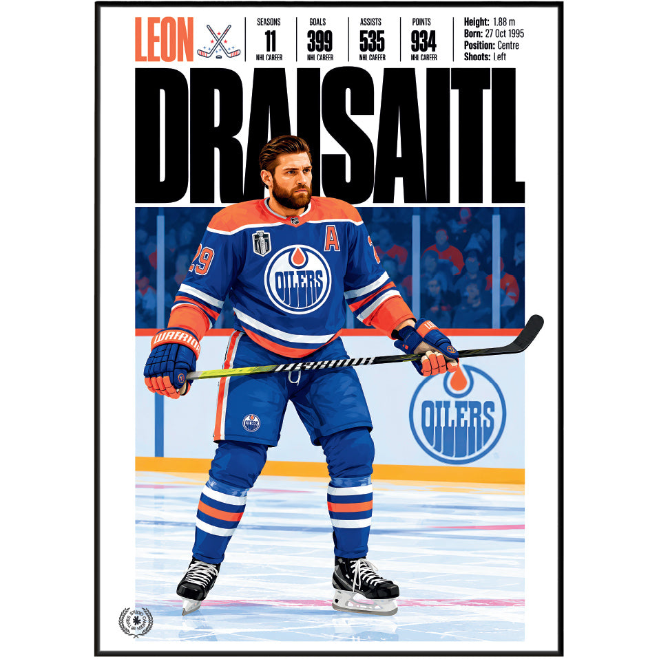 Leon Draisaitl poster, Edmonton Oilers NHL ice hockey wall art print in a home office - 98types