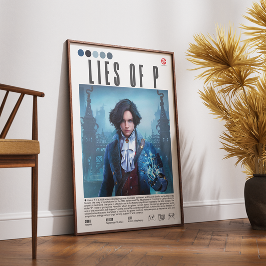 A framed poster leaning against a white wall on a wooden floor, next to a wooden chair and a potted palm. The poster features the title 'LIES OF P' and an illustration of a young man in a blue coat holding a glowing orb.