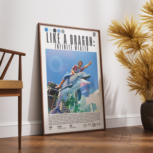 A framed poster leaning against a white wall on a wooden floor, next to a chair and a potted palm. The poster reads 'LIKE A DRAGON: INFINITE WEALTH' and features a colorful illustration of a person riding a dolphin with a city skyline in the background.