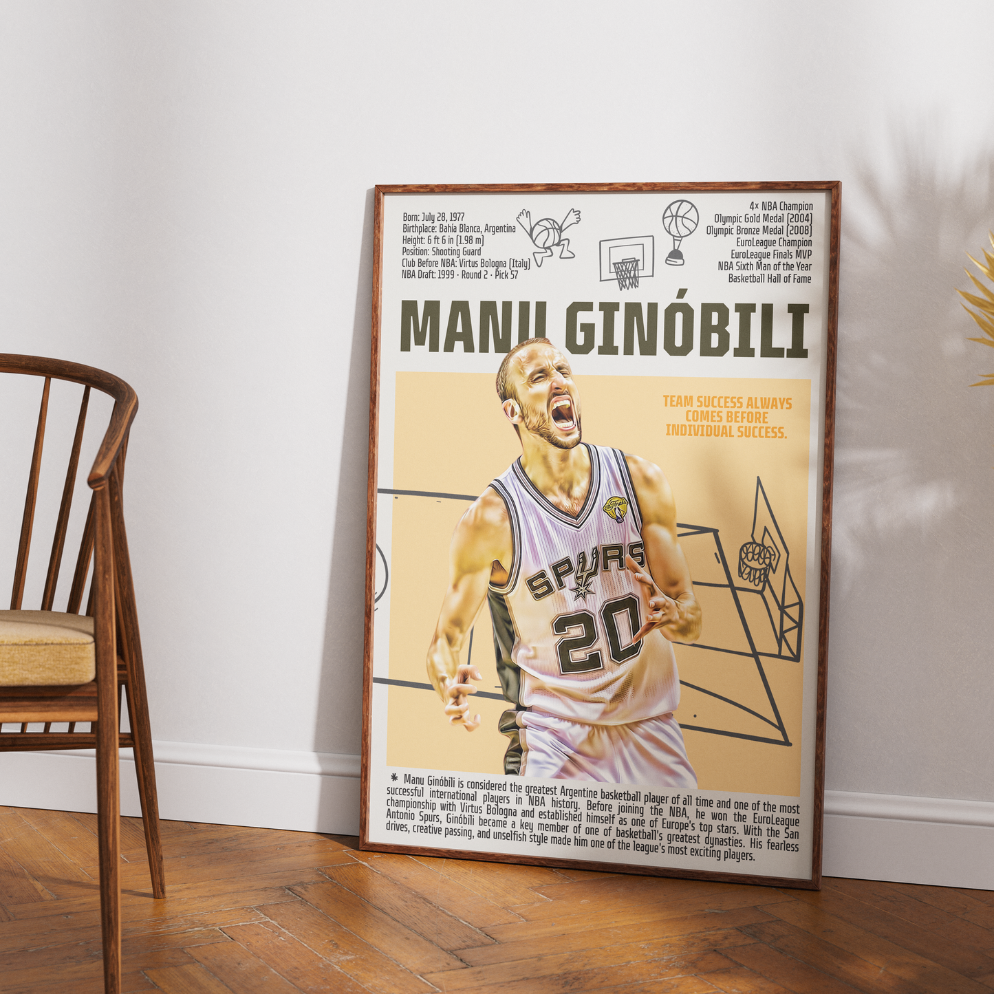 Manu Ginóbili basketball poster — Argentina Spurs 4x champion eurostep legend minimalist wall art print UK