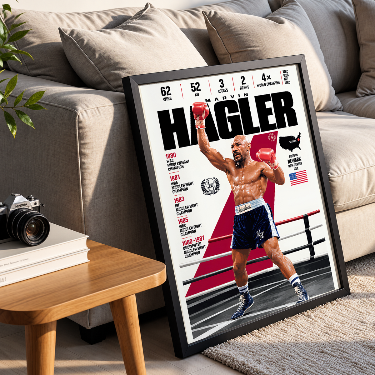 Marvelous Marvin Hagler poster, American boxing wall art print in a man cave - 98types