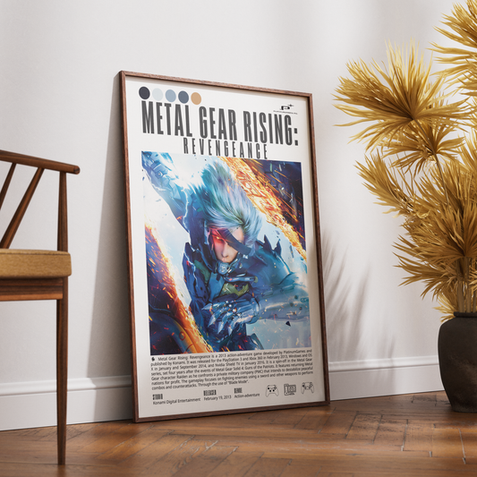 A framed Metal Gear Rising: Revenance poster leaning against a white wall on a wooden floor, styled in a room with a wooden chair on the left and a potted palm on the right.