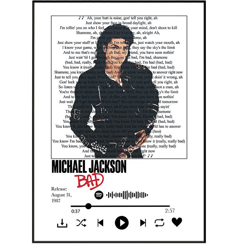 Poster of Michael Jackson with album cover design, featuring text and music player interface elements.