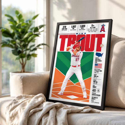 Mike Trout poster, Los Angeles Angels baseball wall art print in a bedroom - 98types