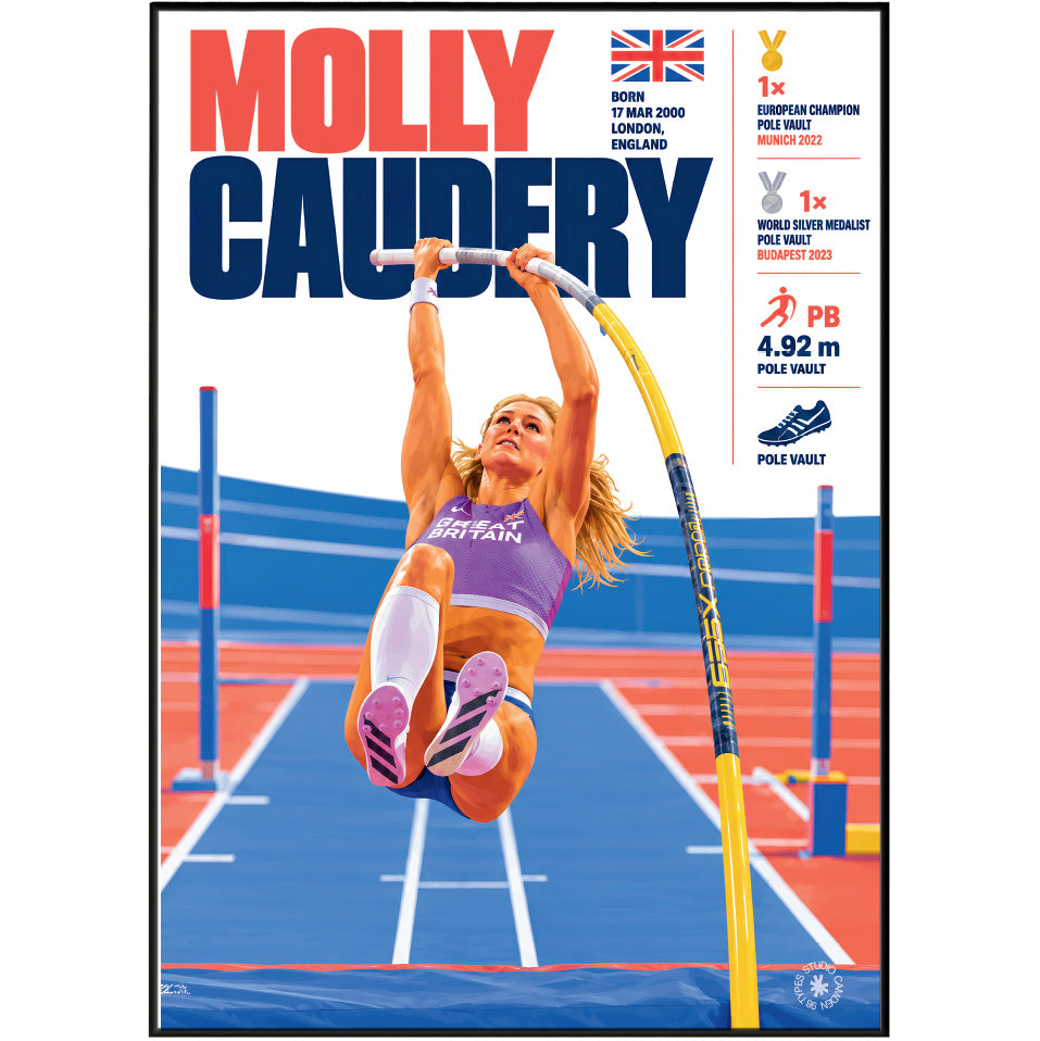 A poster-style graphic featuring athlete Molly Caudery in action during a pole vault competition, with large red and blue text, race track imagery, and achievement callouts on a white background.