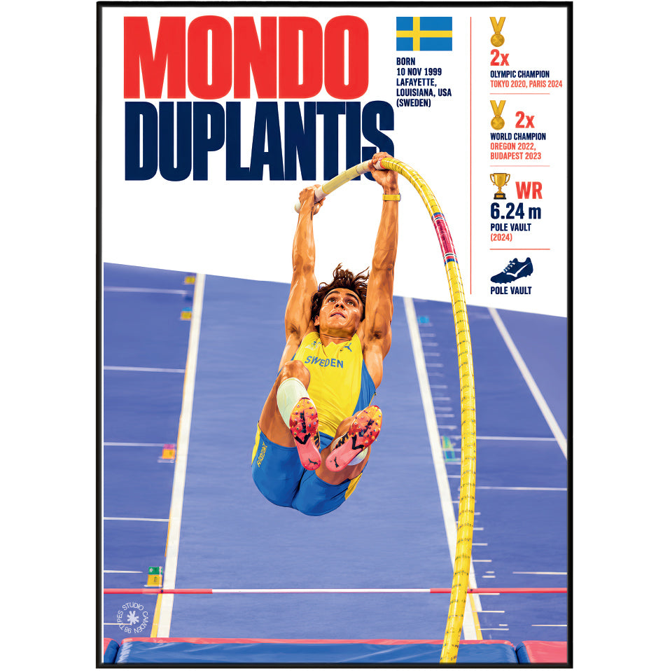 A framed poster featuring a dynamic photograph of gymnast Janna Nurna-Duplantis mid-air during a pole vault, with the text 'MONDO DUPLANTIS' in large red and blue letters. The poster includes event and competition details on the right side, set against a clean white background with a thin black frame.