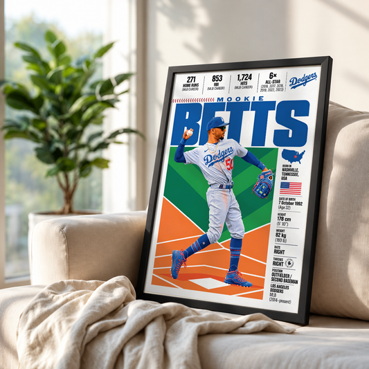 Mookie Betts poster, Los Angeles Dodgers baseball wall art print in a games room - 98types