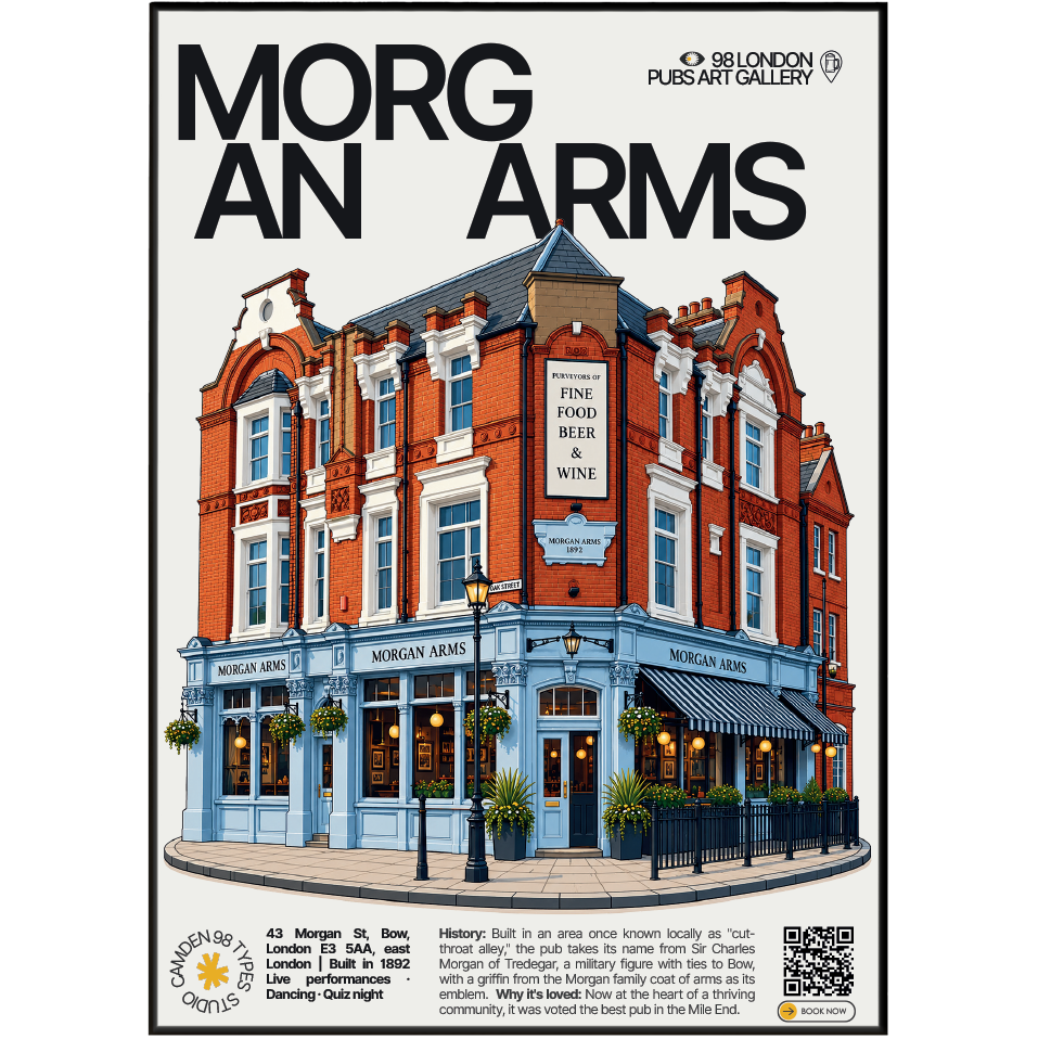 Morgan Arms poster, Bow, London: Victorian pub facade with griffin emblem signage - 98 London Pubs Art Gallery by 98 Types