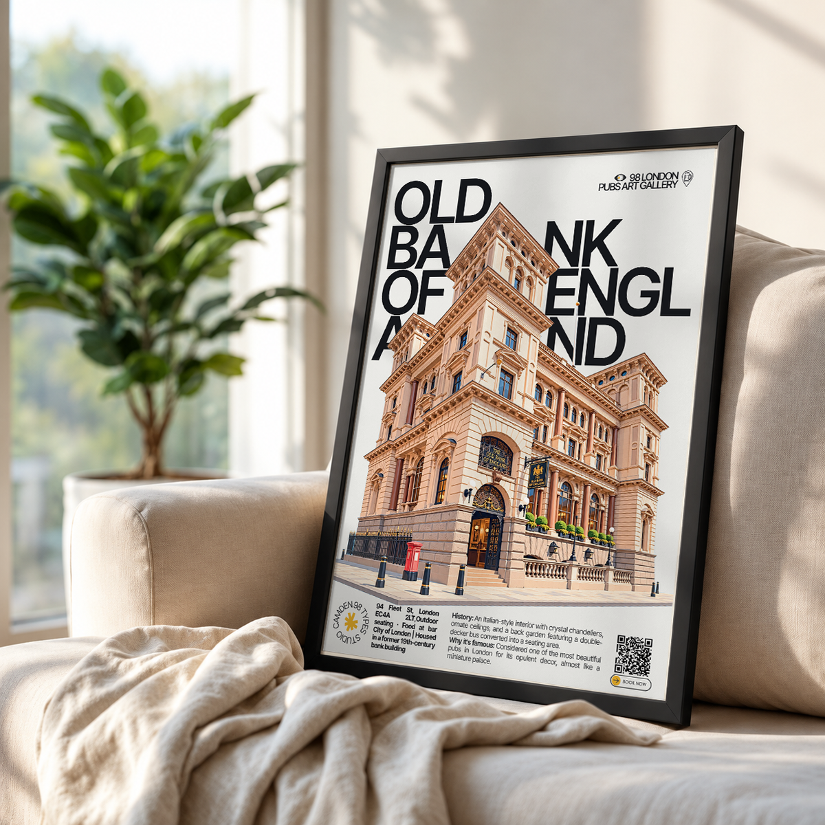 Old Bank of England poster, Fleet Street, London: grand former bank building facade on Fleet Street - 98 London Pubs Art Gallery by 98 Types