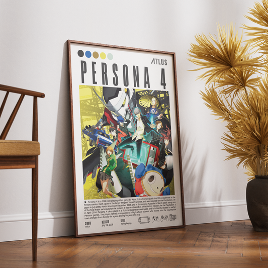 Persona 4 2008 game poster — Atlus Yu Narukami Inaba Investigation Team JRPG wall art print UK