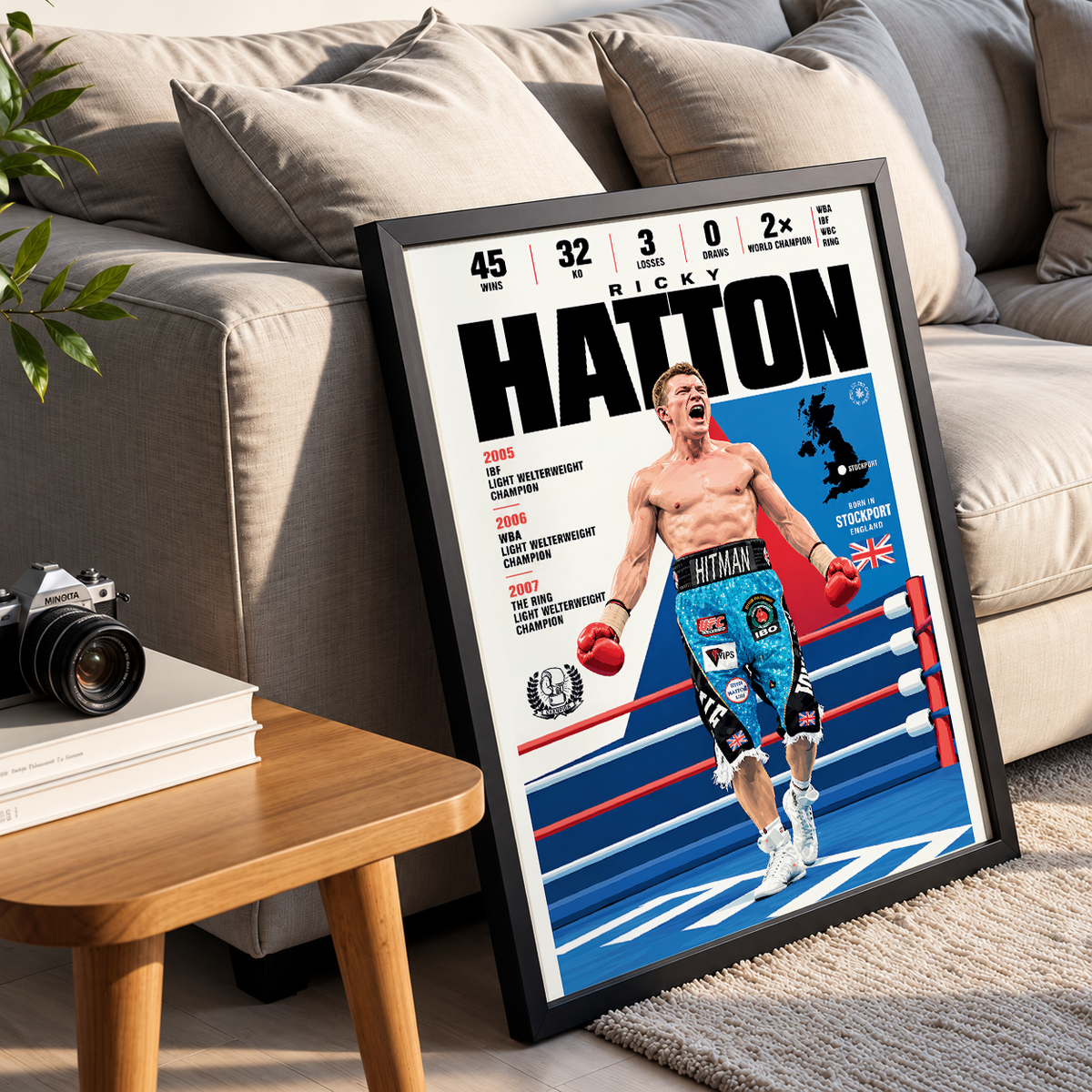 Ricky Hatton poster, British boxing wall art print in a home office - 98types
