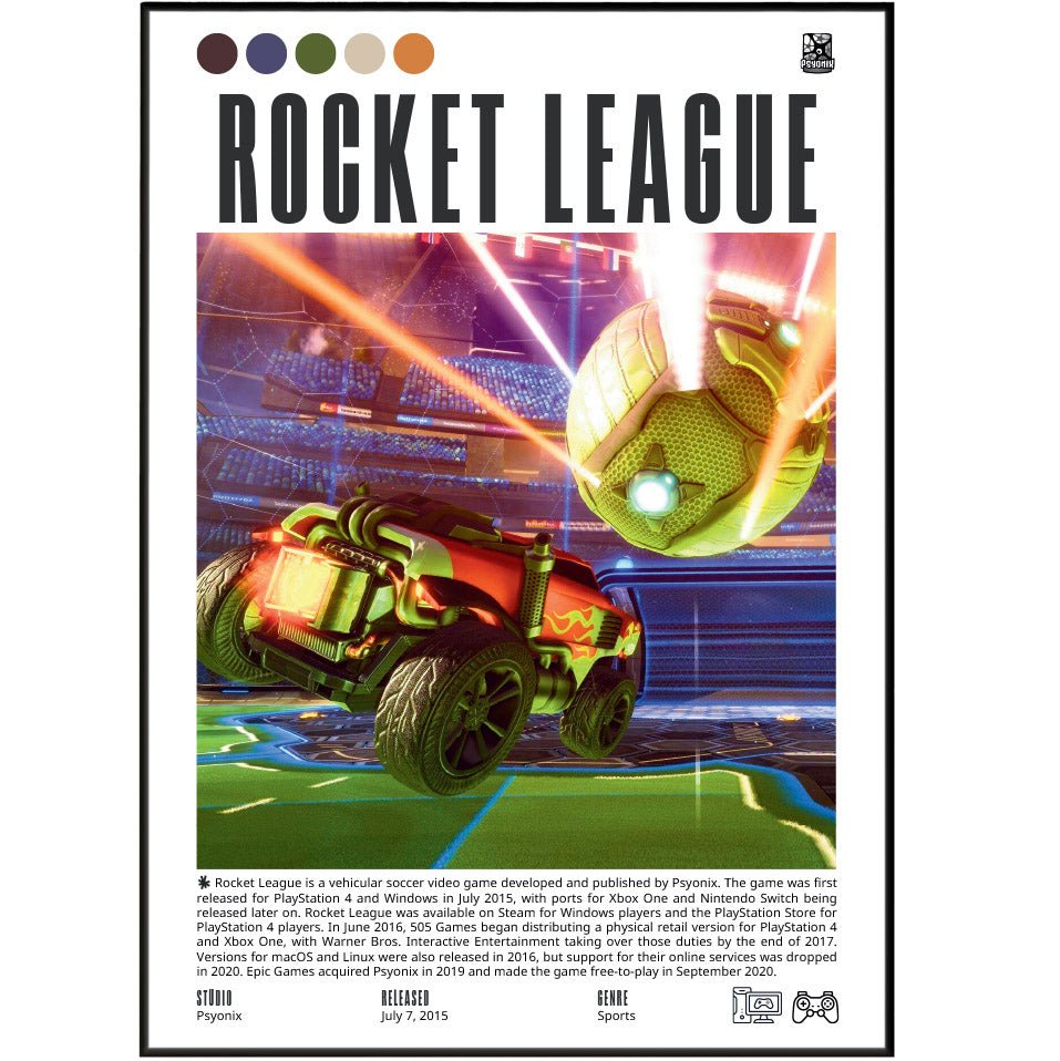 Rocket League 2015 game poster — Psyonix rocket-powered cars soccer aerial goals wall art print UK
- 98types
