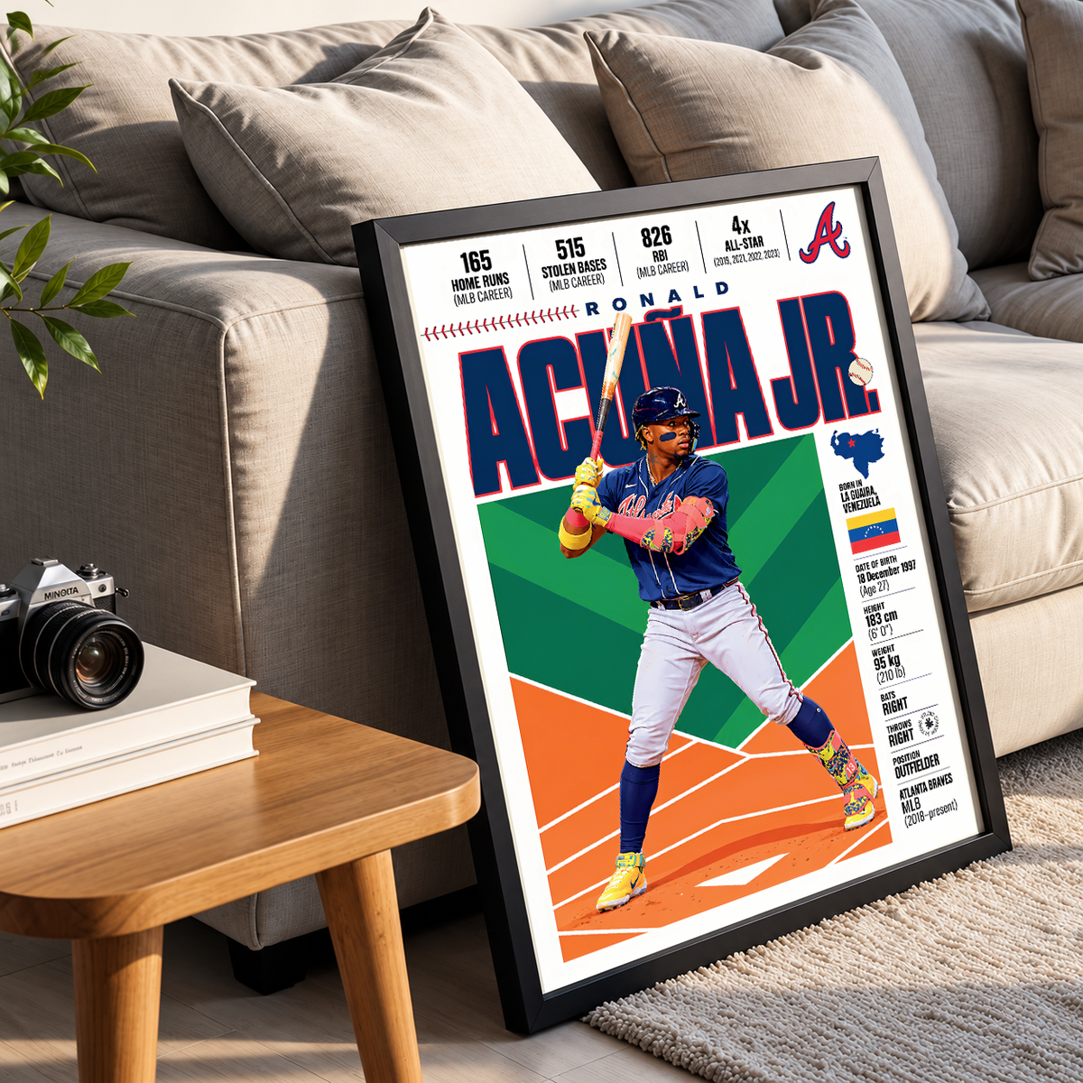 Ronald Acuña Jr. poster, Atlanta Braves baseball wall art print in a games room - 98types