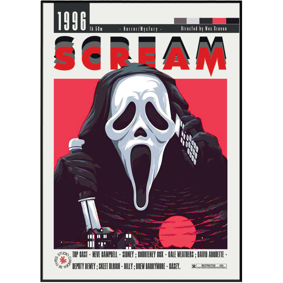 A stylized poster or cover art for the movie Scream, showing the Ghostface mask in white and black against a vivid red background, with the title 'SCREAM' in large red letters at the top and a black border around the design.