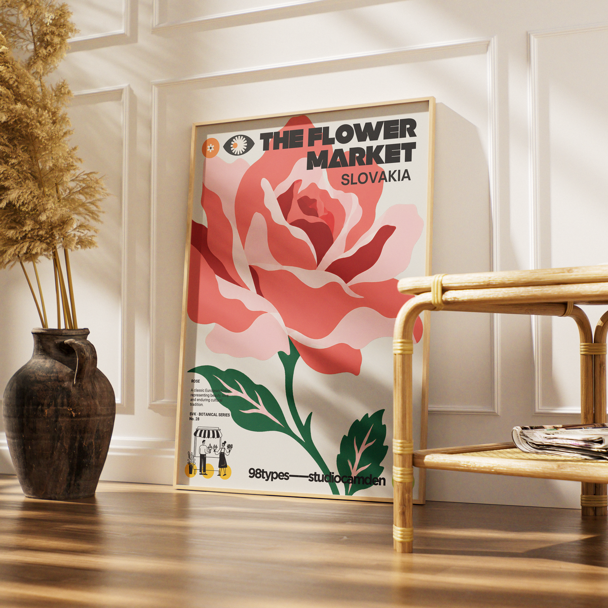 The Flower Market Slovakia Rose botanical poster print UK — national flower Slovak folk art graphic wall art 260gsm printed in England Camden Market
