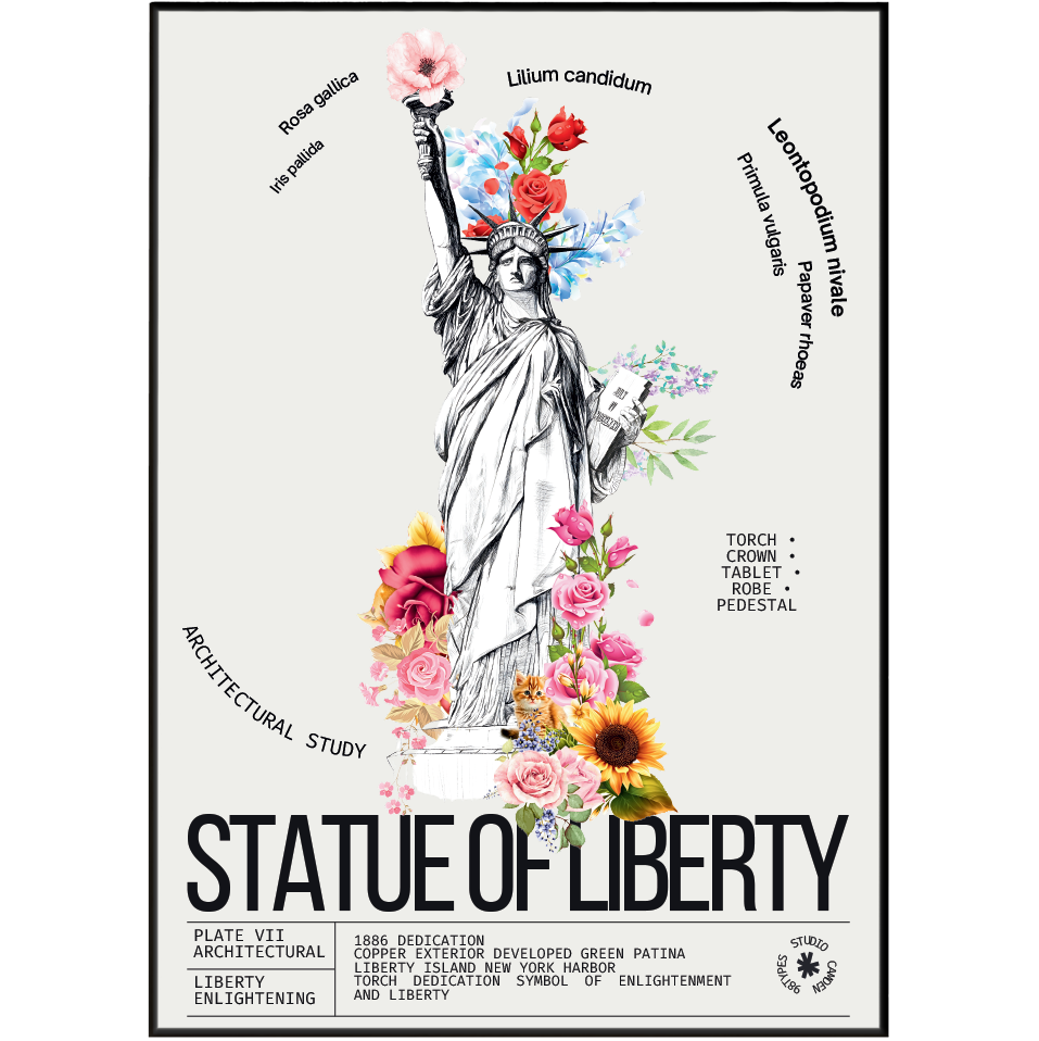 Statue of Liberty vintage botanical archive print UK — New York landmark wall art 260gsm printed in England Camden Market