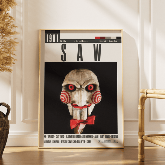 Saw 2004 horror film poster — James Wan Jigsaw Billy puppet traps psychological horror wall art print UK