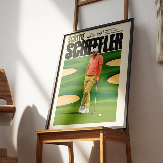 Scottie Scheffler poster, American golf wall art print in a living room - 98types