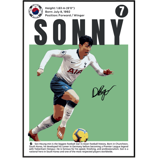 A framed football poster featuring Son Heung-min in a white Tottenham jersey, with large 'SONNY' text, a South Korean flag emblem, biographical details, and a signature on a white background.