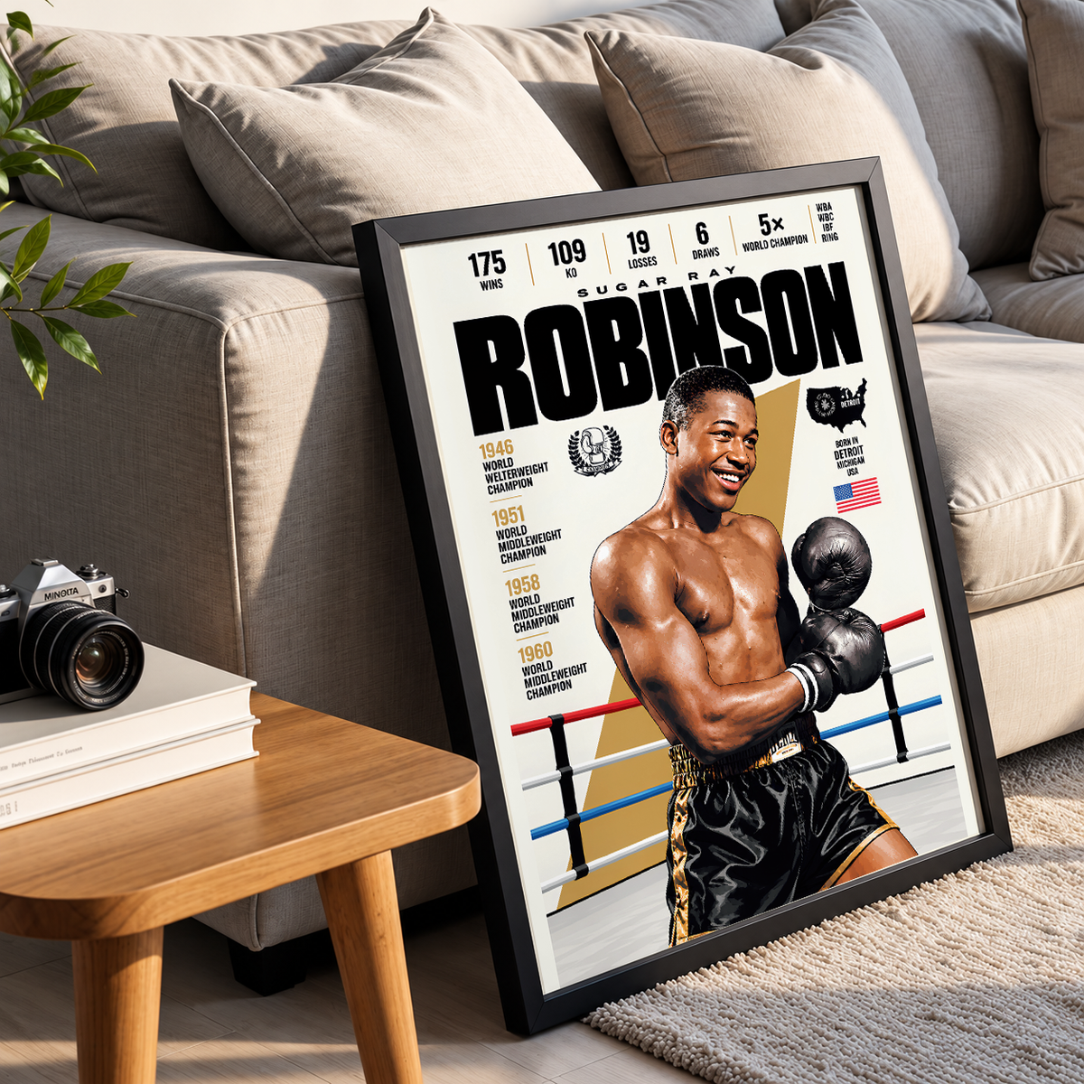 Sugar Ray Robinson poster, American boxing wall art print in a home office - 98types