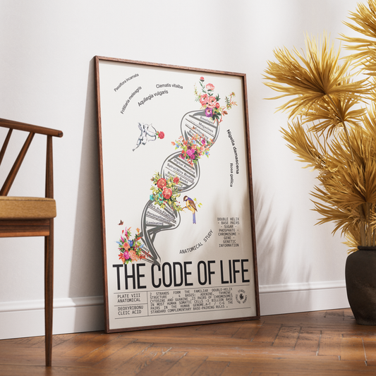Vintage DNA double helix science print UK — botanical archive dark academia wall art 260gsm museum-grade printed in England Camden Market