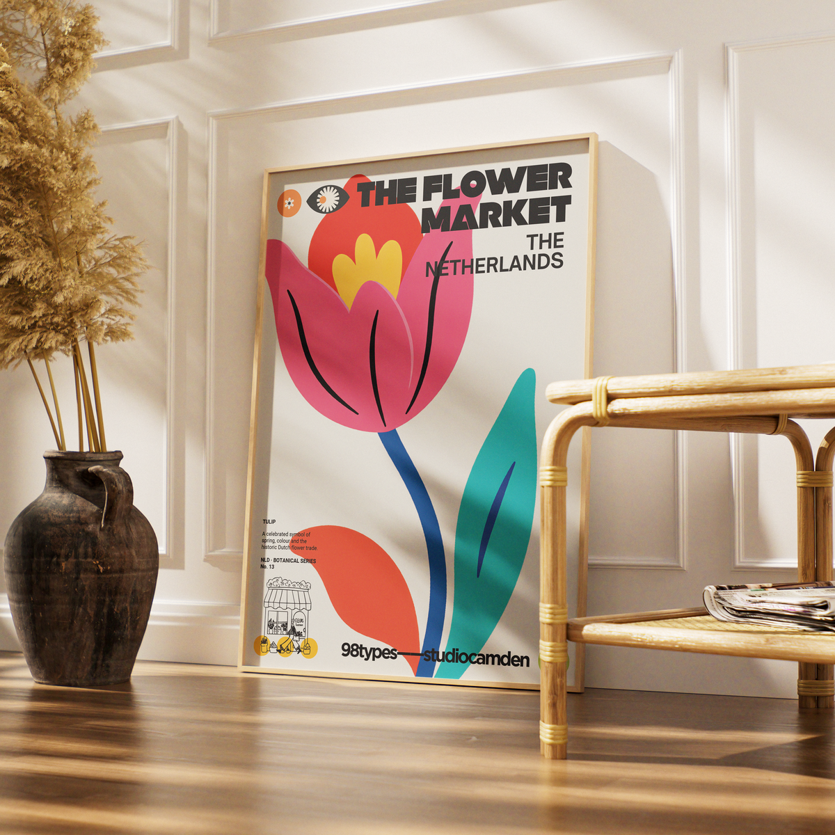The Flower Market Netherlands Tulip botanical poster print UK β Dutch national flower Keukenhof graphic wall art 260gsm printed in England Camden Market