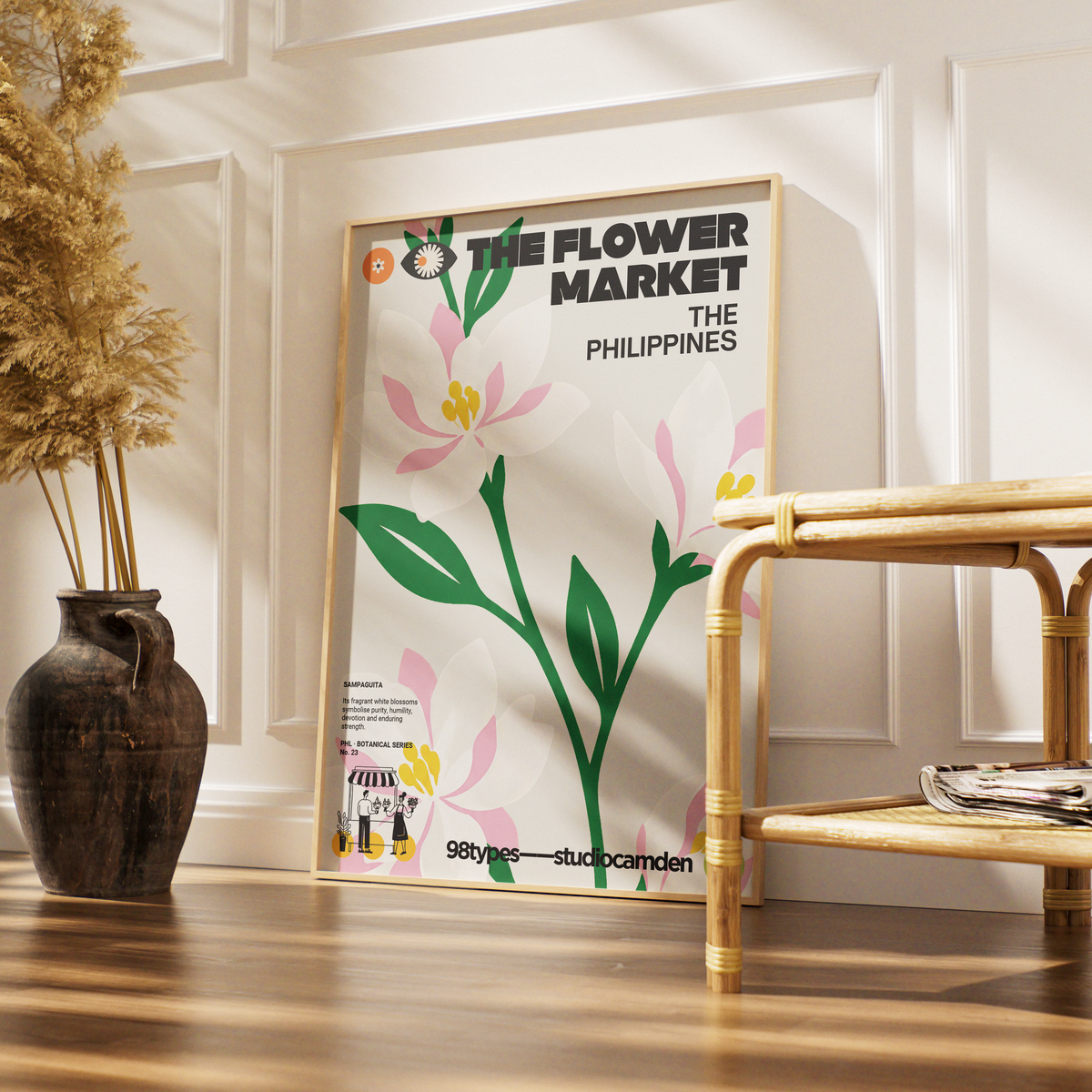The Flower Market Philippines Sampaguita jasmine botanical poster print UK — national flower graphic wall art 260gsm printed in England Camden Market